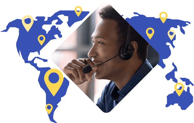 Uber der Weltkarte abgebildeter Kundenmanager zur Veranschaulichung des starken globalen Kundensupportnetzwerks von Rosetta Stone