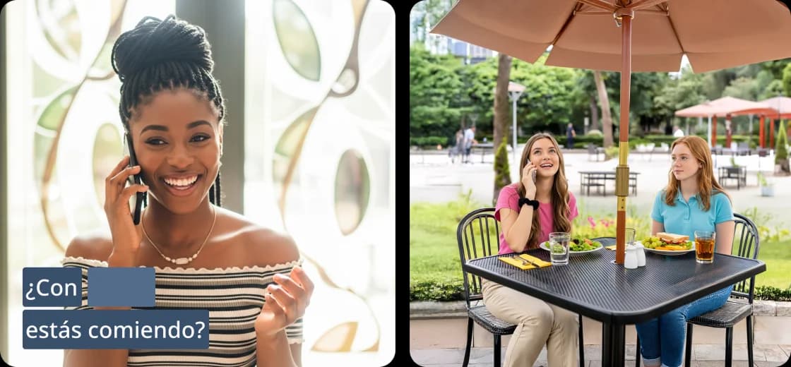 Rosetta Stone App-Bildschirme, die kompakte Lektionsaktivitäten für Sprechen, Lesen, Hören und Schreiben zeigen, wobei der spanische Satz ¿Con estás comiendo? angezeigt wird.