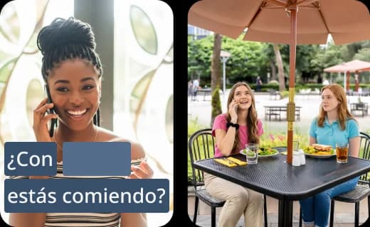 Rosetta Stone App-Bildschirme, die kompakte Lektionsaktivitäten für Sprechen, Lesen, Hören und Schreiben zeigen, wobei der spanische Satz ¿Con estás comiendo? angezeigt wird.