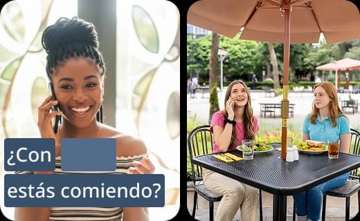 Rosetta Stone App-Bildschirme, die kompakte Lektionsaktivitäten für Sprechen, Lesen, Hören und Schreiben zeigen, wobei der spanische Satz ¿Con estás comiendo? angezeigt wird.