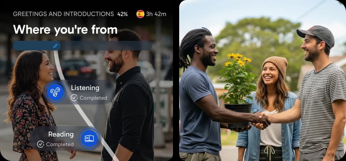 Die Benutzeroberfläche der Rosetta Stone App zeigt eine Lektion zum Thema Herkunft mit Fortschrittsanzeigen für Hören und Lesen sowie ein Foto von Personen, die sich im Freien unterhalten.