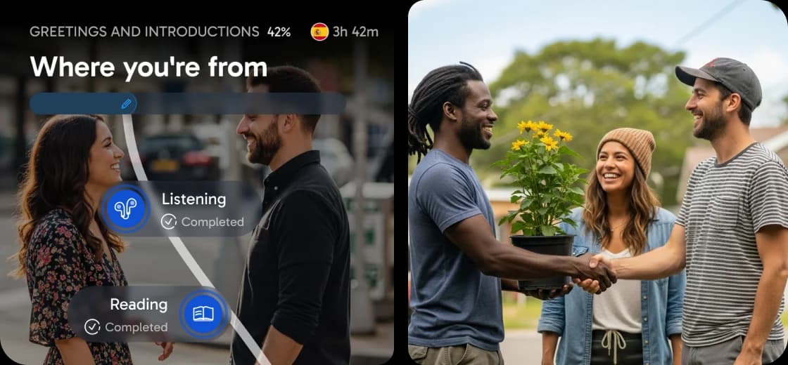 Die Benutzeroberfläche der Rosetta Stone App zeigt eine Lektion zum Thema Herkunft mit Fortschrittsanzeigen für Hören und Lesen sowie ein Foto von Personen, die sich im Freien unterhalten.