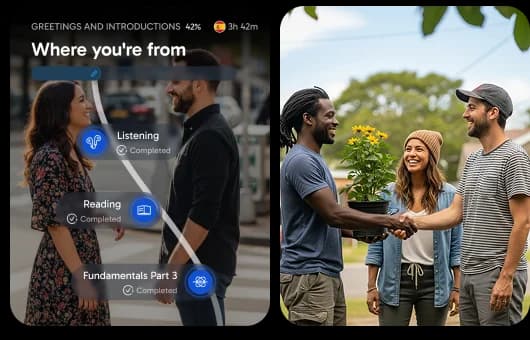 Die Benutzeroberfläche der Rosetta Stone App zeigt eine Lektion zum Thema Herkunft mit Fortschrittsanzeigen für Hören und Lesen sowie ein Foto von Personen, die sich im Freien unterhalten.