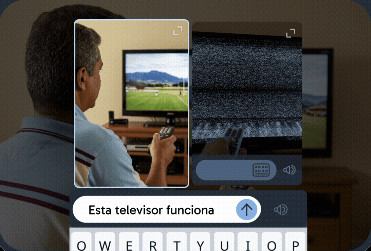 Eine Lese- und Schreibübung, die eine fernsehende Person zeigt, mit einem Texteingabefeld und einer Bildschirmtastatur darunter, die den Lernenden auffordert, ein Wort oder einen Satz in der Zielsprache einzugeben.