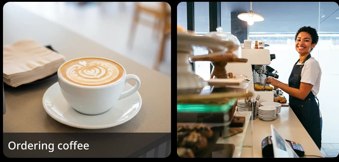 Zwei Bilder nebeneinander: eine Kaffeetasse mit Latte Art und ein Barista an einer Theke, die ein realitätsnahes Übungsszenario zum Sprechen für das Bestellen eines Kaffees in Rosetta Stone darstellen.
