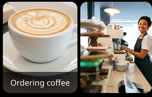 Zwei Bilder nebeneinander: eine Kaffeetasse mit Latte Art und ein Barista an einer Theke, die ein realitätsnahes Übungsszenario zum Sprechen für das Bestellen eines Kaffees in Rosetta Stone darstellen.