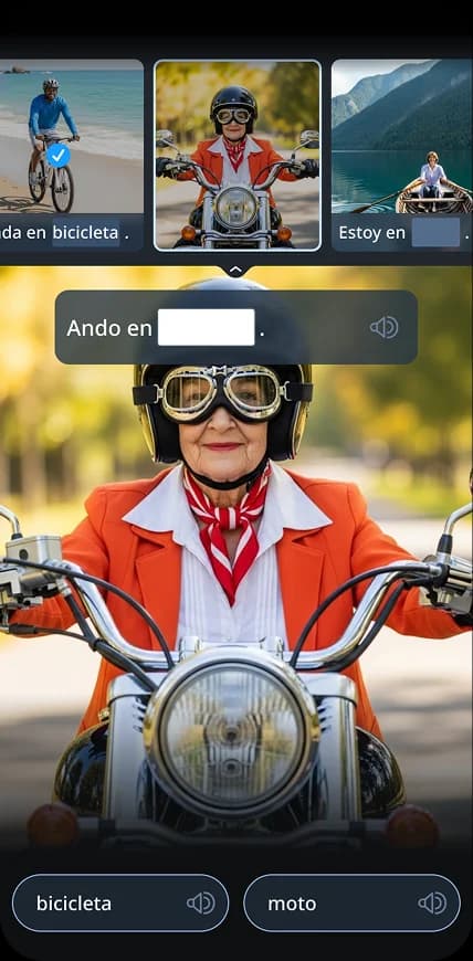 Die mobile Rosetta Stone-App zeigt eine Bildzuordnungsübung mit Fotos von einem Mann auf einem Fahrrad, einer Frau auf einem Motorrad und einer weiteren Frau auf einem Boot, wobei darunter spanische Vokabeln angezeigt werden.