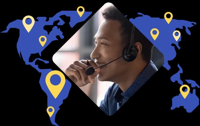 Uber der Weltkarte abgebildeter Kundenmanager zur Veranschaulichung des starken globalen Kundensupportnetzwerks von Rosetta Stone.