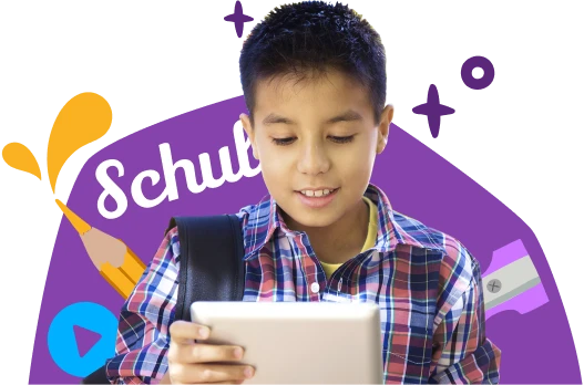 Ein Kind im Grundschulalter, das Rosetta Stone auf einem Tablet verwendet