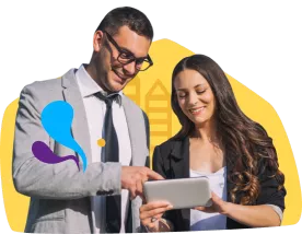 Ein Mann und eine Frau in Geschäftskleidung unter dem Text „Unternehmen für Ihr Team“.